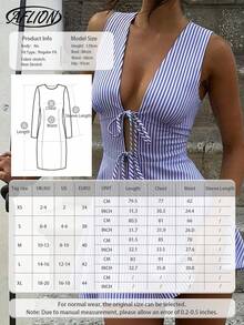 Aflion Đầm ngắn không tay cổ chữ V sâu, buộc dây phía trước, xếp ly, màu xanh trắng kẻ sọc dành cho nữ, kiểu dáng thời trang, gợi cảm, ngọt ngào, thích hợp cho kỳ nghỉ, hẹn hò, mua sắm, lễ hội, mùa xuân/hè. - Xanh và trắng - Xem 5