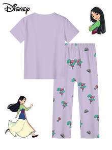 Disney 2 paquets Ensemble de pyjamas pour jeunes filles, manches courtes pour le printemps et l'été, tenues de détente douces, respirantes et légères, pyjamas mignons avec motifs de dessins animés, vêtements de nuit confortables pour les filles de 4 à 7 ans - Lilas - Voir 3