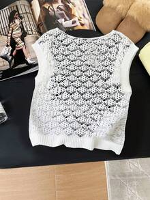 女士钩针蝙蝠袖圆领镂空透视常规长度针织毛衣 - 白色 - 查看 8