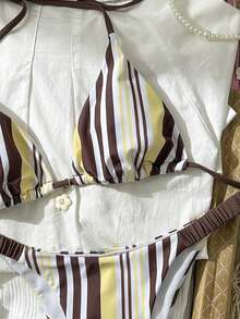 女士比基尼吊带露脐上衣，Y2K复古条纹印花黄色，休闲度假裤，内置胸罩露脐吊带泳衣，适合度假、海滩、花园婚礼宾客，优雅套装，适合女士派对度假，都市海滩波西米亚风，2026春夏海滩装扮 - 彩色 - 查看 7