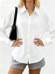 Women's Casual Loose Long Sleeve Shirt, Minimalist Versatile, Suitable For Daily Wear - White - View 4