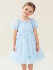 mini bala Summer Girls A-Line Dress With Flowy Mesh Puff Sleeves And High Waist Princess Skirt - Blue - View 1