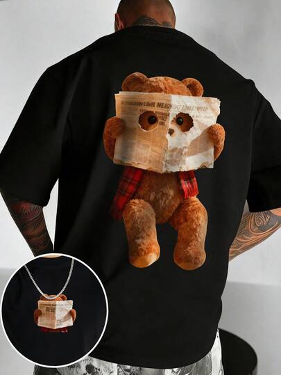  Zrgoth 男士休闲运动宽松短袖T恤 | 报纸阅读熊图案印花 | 精致设计 | 夏季必备 | 百搭易穿 | 送给男友/女友，展现个性风格