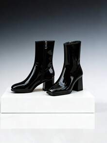 Women's High Heel Ankle Boots, Square Toe Chunky Heel Short Boots, Winter New Nude Booties - màu đen - Xem 5