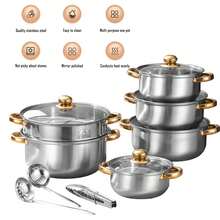 14-Piece Stainless Steel Pot Set With Steam Vents & Glass Lids - Multi-Functional Cookware Set For  Hob & Daily Family Cooking - Silver - View 3