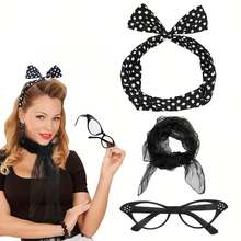 Bộ phụ kiện nữ phong cách rock cổ điển 3 món/4 món/5 món, bộ thời trang thập niên 1950 bao gồm khăn voan, kính mắt mèo, băng đô chấm bi và bông tai, găng tay và khăn quàng cổ. - 1950 - Xem 14