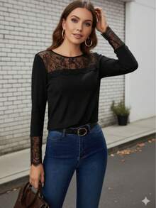 Woman Black Lace Sleeve Ribbed Blouse – Elegant Long Sleeve Casual Top - Black - View 2