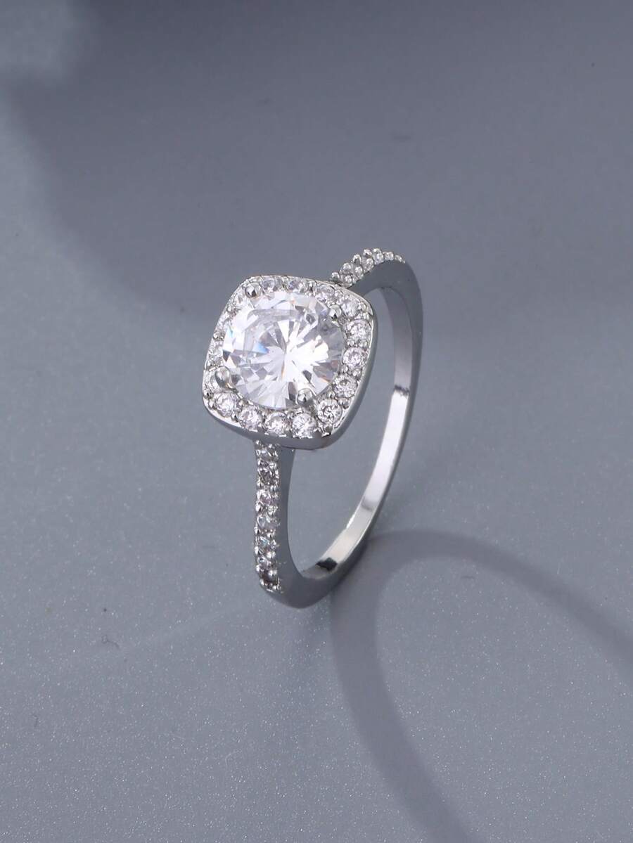 1枚时尚简约波西米亚风镀银方形戒指，镶嵌闪亮立方氧化锆，情侣戒指，结婚/订婚戒指，日常佩戴，礼品之选，斋月配送 - 戒指 - 查看 1