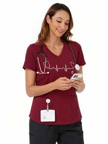 cimmuovere 爱心印花V领短袖T恤，春夏款 - 酒紅色 - 查看 10