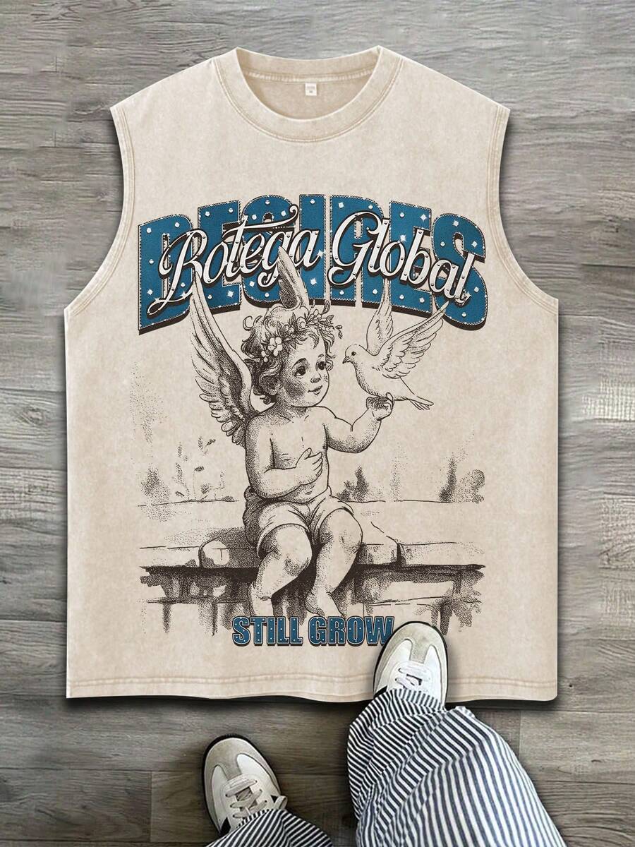 Sleeveless Printed T-Shirt, Y2K Style Street Fashion Men's Washed Vest (220g Pure Cotton), Vintage Pattern Fun Print, Hip-Hop Style, Men's Summer Round Neck Short-Sleeved Casual T-Shirt, Men's Summer Streetwear. - 杏色 - 查看 1