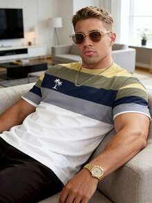 Fashionable Gradient Striped Plus Size Men's Short Sleeve T-Shirt Minimalist Palm Tree Logo Print Plus Size Casual T-Shirt, Suitable For Daily Wear And Outdoor Exercise Colorblock Plus Size T-Shirt For Summer - Multicolor - View 3