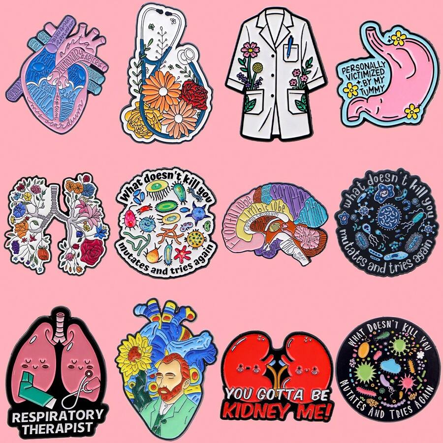 12pcs Cute Enamel Brooch Set, Zinc Alloy Material, Women Brooch, Clothing Gift, Fashion Accessory - Black - View 1