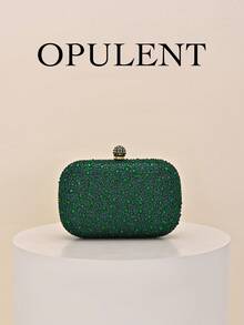 Bolsa de mão elegante e brilhante verde-escura com decoração de cristais, alça de corrente metálica, ideal para ocasiões formais como casamentos e festas. Perfeita para presentear mulheres em bailes de formatura, galas, casamentos e outros eventos formais. - Verde escuro - Ver 7