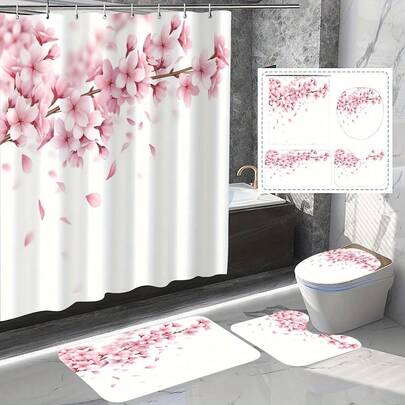 1/4 粉色樱花图案浴室帘套装，包含防水浴帘（带塑料挂钩）、印花浴室垫、U型地毯、马桶盖、装饰性浴室隔断及配件