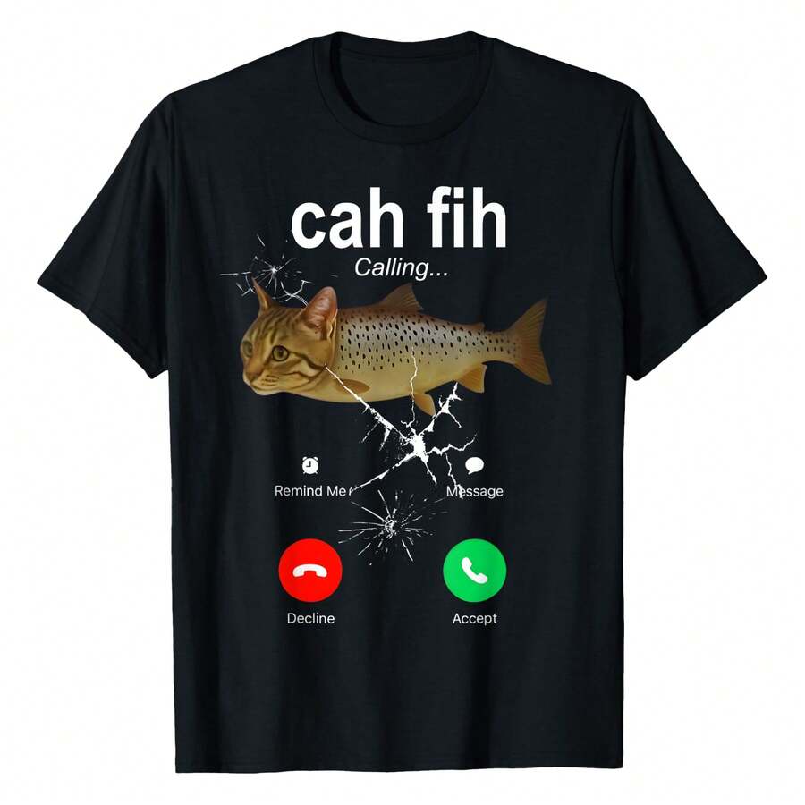 Cah Fih Calling Remind Message Decline Accept Phone Cat Fish T-Shirt, Women's Printed T-Shirt 220g, 100% Cotton, Retro Street Women's Short-Sleeved T-Shirt, Round Neck Casual Women's Outdoor T-Shirt Short-Sleeved, New Year, Mother's Day, Halloween, Christmas, Daily Four Seasons Wear, Holiday Gifts - 黑色 - 查看 1