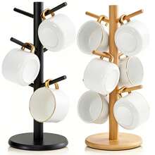 Bamboo Mug Tree For Counter, 6 Hooks Detachable Coffee Mug Holder, Decorative Mug Racks For Coffee Bar Organizer - 彩色 - 查看 1