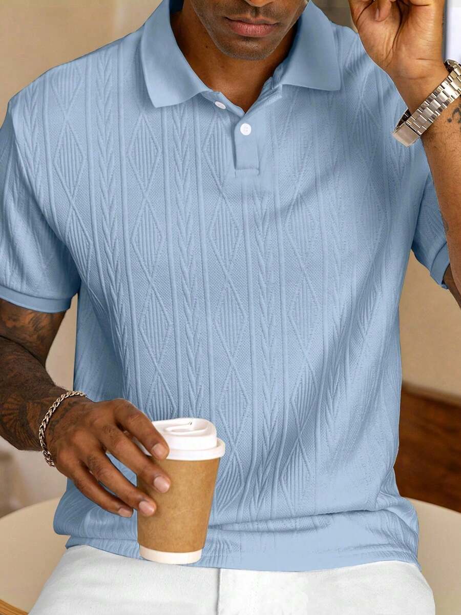 Men's Short-Sleeved Polo Shirt, Minimalist And Elegant, Made From Textured Jacquard Fabric In A Solid Color. Perfect For Leisure, Holidays And Outings, Making It An Ideal Gift For Family And Friends. - 藍色 - 查看 1
