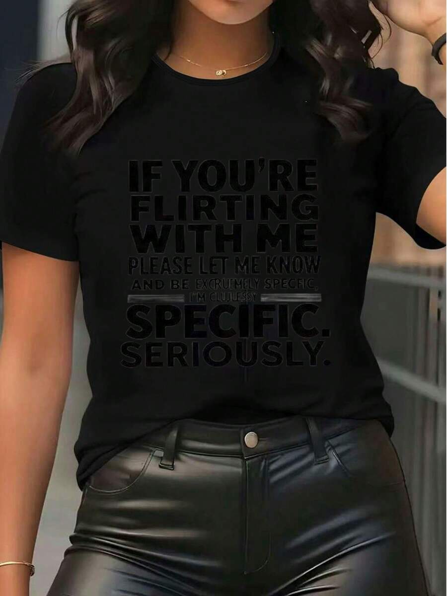 Women's Short Sleeve Graphic T-Shirt Casual Funny Slogan Print Tee Round Neck Loose Fit Summer Top Daily Wear Fashion Tees With "If You're Flirting With Me..." Humorous Design - 黑色 - 查看 1