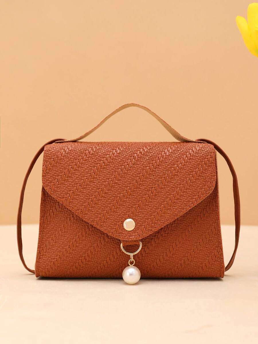 Bolso bandolera de unicolor con textura de hierba y decoración de perlas - Marrón - Ver 1