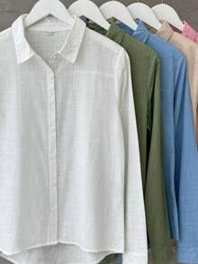 Women's Long-Sleeved Linen Shirt - Màu xanh lá cây đậm - Xem 2