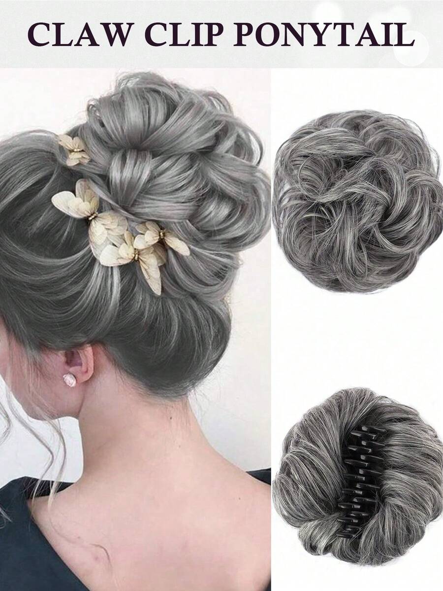 Coque Bagunçado, Scrunchie de Coque Bagunçado, Coque Updo Fofinho Sintético para Mulheres, Coque de Cabelo Diário para Mulheres (Cinza) - Cinza - Visão 1