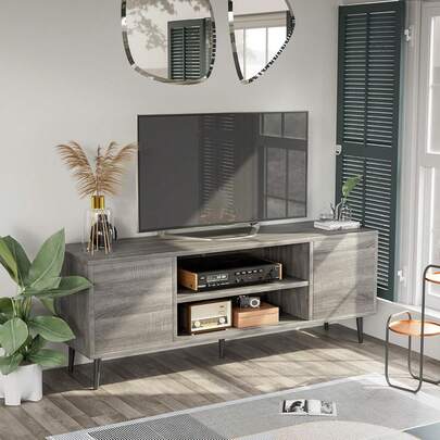 HeilongjiangyubohaotinZechong E-CommerceCo.Ltd TV Stand For 65 Inch TV, Mid Century Modern TV Stand, Entertainment Center With Storage Cabinet And Open Shelves, TV Console Table Media Cabinet For Living Room, And Bedroom (Gray)