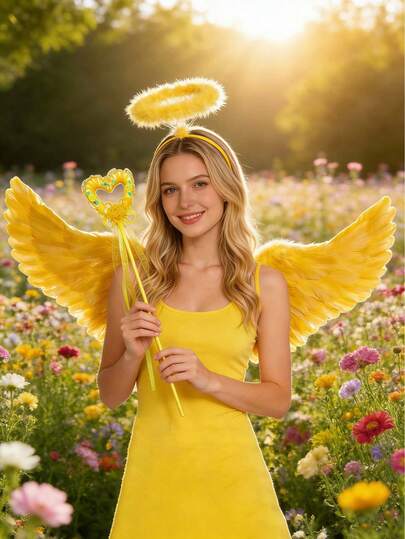 1 decoración de alas de plumas amarillas de ángel elfo para Pascua y Halloween, utilería para escenario, cosplay y paseo