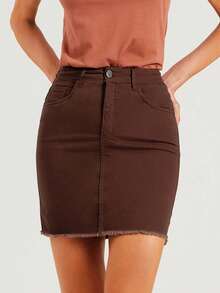 Women's Mid Rise Coffee Brown Denim Mini Skirt Slim Fit Frayed Hem Minimalist Summer Style Casual - Coffee Brown - View 4
