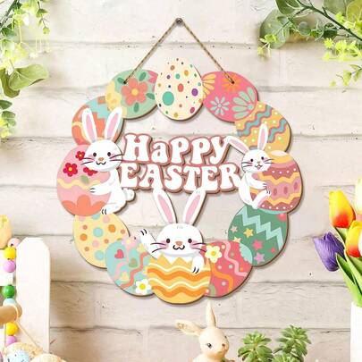 1pc Wooden Easter Decoration Hanging Ornament, Happy Easter Wreath Rabbit Decor - Easter Wall Hanging Decoration, Suitable For Easter Home Decor And Party Supplies, Holiday Home Decor