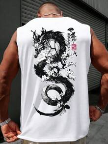 Oriental Ink Painting Aesthetic & Japanese Element Print Men's Casual Loose Fit Tank Top - White - View 1