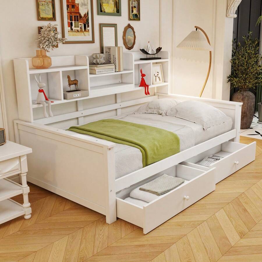 Sofa Bed 90x200, Drawers And Shelves, Slatted Frame, Children's Bed, Youth Bed, Single Bed, Solid Wood Bed, White - White + Wood + 90cm*200cm - View 1
