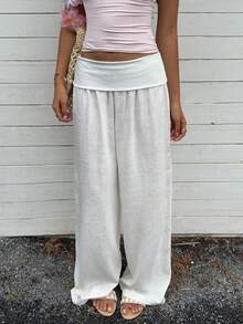 Women Cotton Linen Summer Palazzo Pants Wide Leg Lounge Pants Loose Straight Leg Solid Color Fold Over Low Rise Pants Casual Boho Beach Vacation Trous - 白色 - 查看 4
