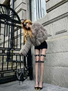 一套性感蕾丝朋克哥特风可调节大腿吊袜带腿套 - 黑色蕾丝吊袜带、铆钉猫扣大腿带、双环腿铐和星形扣腿环，女士款 - 黑色 - 查看 5