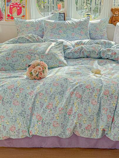 Colorful Lavender Bedding Set, Wild Flower Print Bed Linens, Including 1*Duvet Cover + 2*Pillowcases, With Zipper Design, Countryside Style, 100% Polyester, Bedroom Home Decor, Soft Touch, Skin-Friendly, Duvet Cover & Pillowcases Without Insert, Suitable For All Seasons