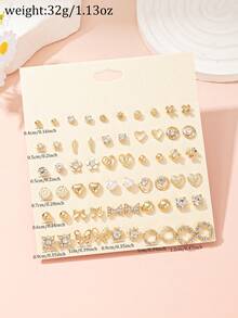 30 Pairs Metal Rhinestone & Faux Pearl Heart Shaped Bow Flower Stud Earrings Set, Suitable For Daily Wear, Gifts - Yellow Gold - View 6