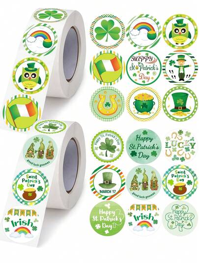 500张绿色猫头鹰与三叶草涂鸦圆形贴纸，1英寸，2种设计（共18种图案），适用于派对礼品、圣帕特里克节、鼓励奖励、信封、杂志、手机壳、剪贴簿，PVC防水贴纸