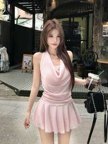 黑色性感二合一蕾丝连衣裙，露背设计，粉色夏季性感款式 - 粉色 - 查看 4