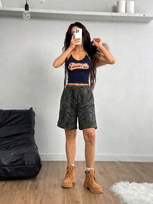 1pc Girl & Girls' Fashionable Versatile Outdoor Sports Casual Running Fitness Straight Shorts, Summer - Black - View 4