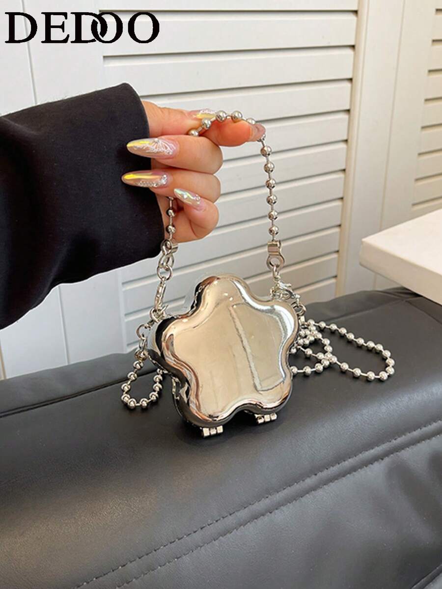 Dedoo 1个时尚星形单肩包，带链条，可扩展星形盒式手拿包，硬壳装饰包，音乐节星形包，亮银色表面，女士款