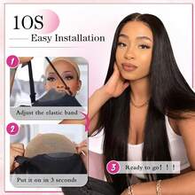 Perruques lisses en cheveux humains pré-épilés, densité 180 %, pré-coupées, lace front 4x4, cheveux de Malaisie, faciles à poser et sans colle, idéales pour les débutantes. - Natural Black - Voir 6