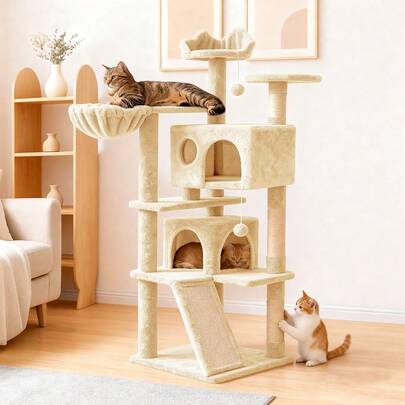 Ansamblul de pluș pentru pisici, cu mai multe niveluri, cu stâlpi de zgâriat din sisal și pat pentru pisici | Platformă hamac confortabilă, jucării cu bilă suspendată și rampă | Mobilier multifuncțional pentru pisici, pentru cățărat, odihnă și joacă | Articole robuste pentru pisici de interior