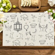 1 pieza/4 piezas/6 piezas Manteles individuales de lino con patrón de luna creciente, decoración de festival de Oriente Medio, adecuado para mesa de comedor, todo el año, lavable, decoración del hogar, mesa, cocina, fiesta interior/exterior, regalo ideal - Multicolor - Ver 2