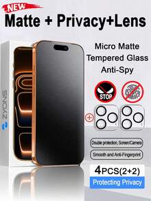 ZYONS Bộ 4 miếng dán màn hình bảo mật (2 miếng) + miếng dán bảo vệ ống kính camera 3D (2 miếng), kính cường lực mờ chống nhìn trộm, bảo vệ kép cho màn hình và ống kính camera, phủ toàn diện, cảm ứng mượt mà, chống bám vân tay, chống chói, tương thích với iPhone 17 Pro Max/17 Pro/17 Air/17/16E/16 Pro Max/16 Pro/16 Plus/16/15 Pro Max/14 Pro Max/13 Mini/12/11 Series - 2 chiếc Matte Privacy + 2 chiếc phim ống kính - Xem 31