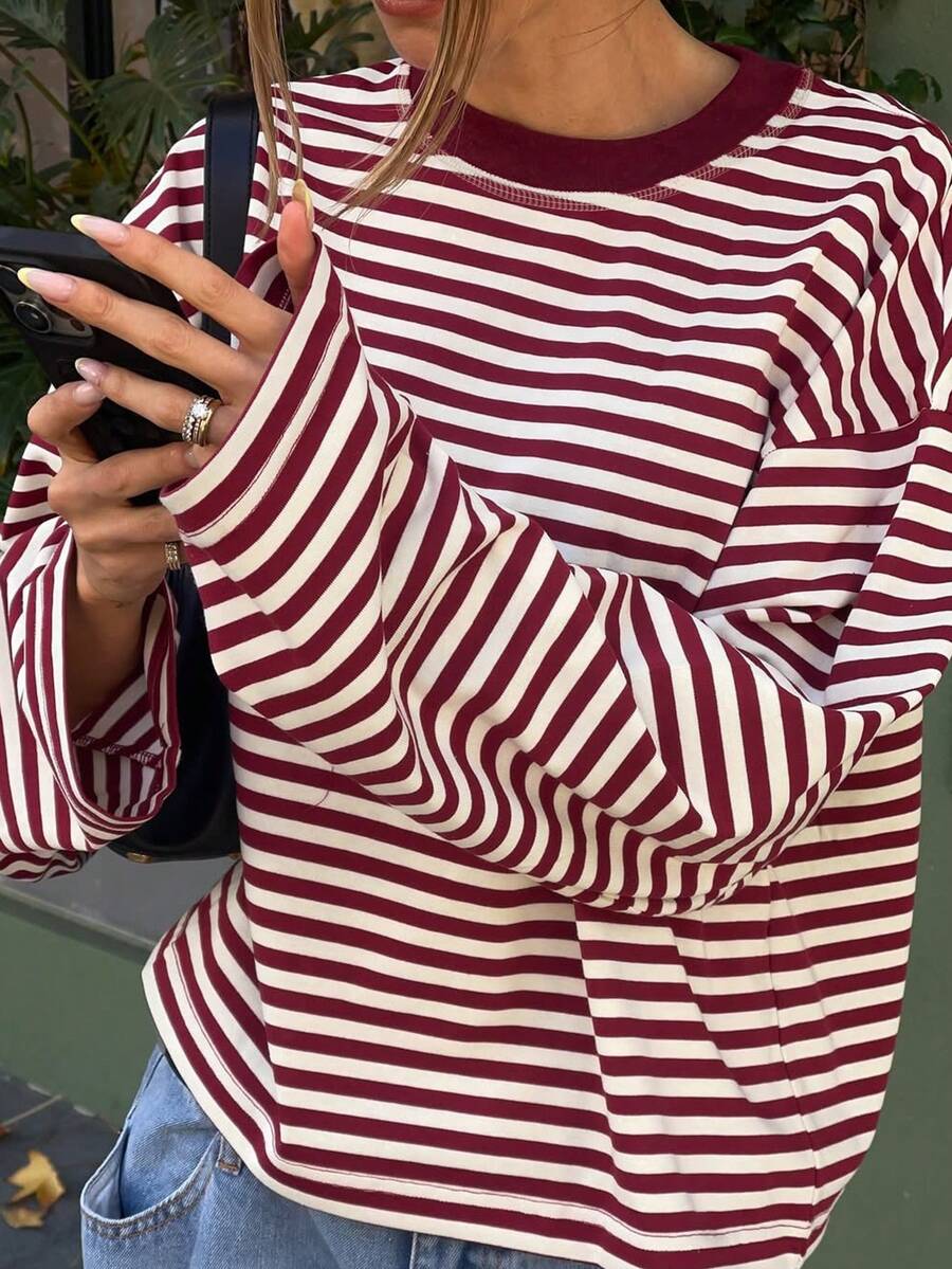 Striped Contrast Ribbed Casual Loose Raglan Top Spring