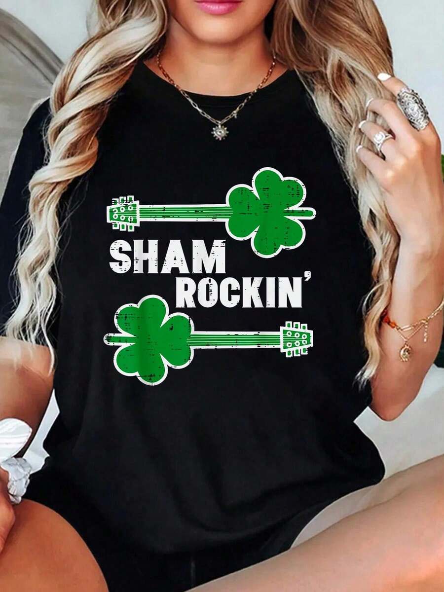 Happy St Patricks Day Guitar Shamrockin Irish Rocker Boys T-Shirt Summer Tops, Short Sleeve Round Neck Casual Top For Summer & Spring - 黑色 - 查看 1