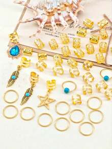 46件套绿松石吊坠脏辫发饰，包括发圈、发夹、发卡、发卡，嬉皮风格发饰，适合女性编发，还包括爪夹、发夹、发卡和其他配件，头部饰品 - 金色 - 查看 4