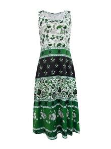 轻盈优雅的无袖复古休闲度假连衣裙，百搭修身印花长裙，适合春夏穿着 - 綠色 - 查看 7