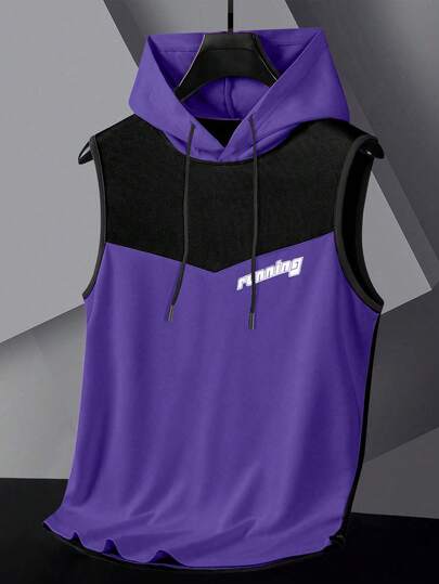 男士无袖连帽拼接上衣，休闲速干透气网眼弹力运动背心，适合健身锻炼和慢跑