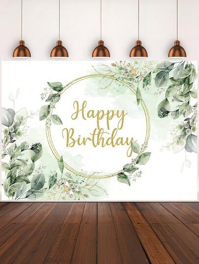 1件生日快乐摄影背景布，绿色桉树叶金色圆圈照片背景，59.1*39.4/82.7*59.1/106.3*70.9英寸新生儿派对横幅，室内外装饰用品