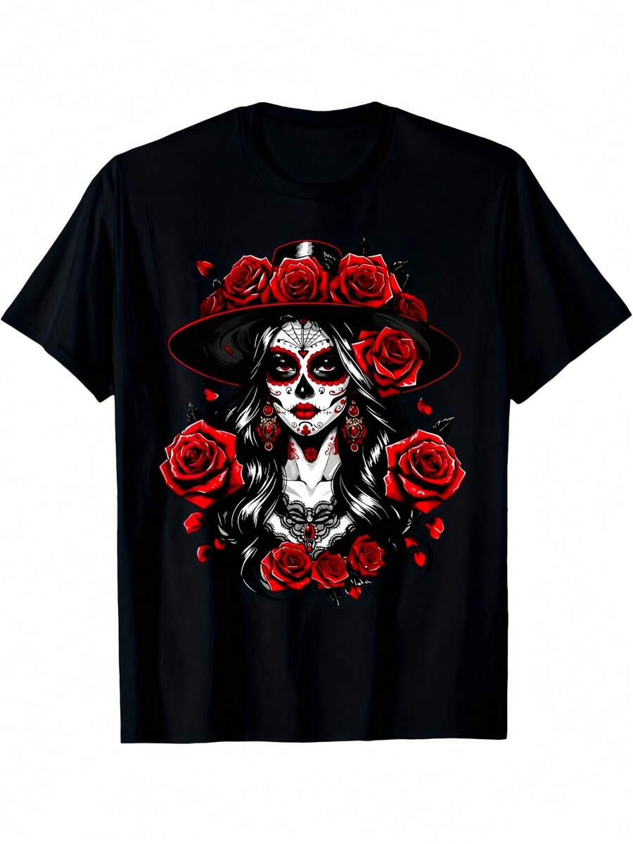 Camiseta para hombre La Catrina Día de Muertos - Diseño de calavera mexicana y La Calavera Catrina, camiseta vintage negra de 180g/m² con rosas rojas y sombrero, ropa informal unisex para adultos y para fiestas del Día de Muertos, cuello redondo y corte regular de estilo retro para hombre y mujer, estampado gráfico cultural vibrante, para todas las estaciones, celebración del Cinco de Mayo, moda tradicional mexicana, camiseta gráfica para hombre, camiseta para hombre, camiseta de grupo de rock, ropa para hombre, camisa para hombre - Negro - Ver 1